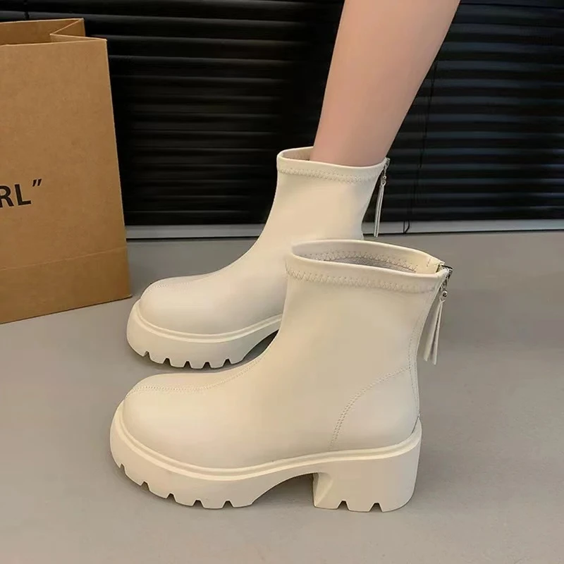 秋冬新款韩版通勤瘦瘦简约粗跟裸靴短靴6082(不加绒)