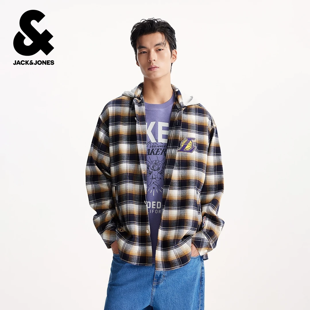 杰克琼斯秋季男装外套夹克衬衫上衣NBA联名格纹设计字母男款