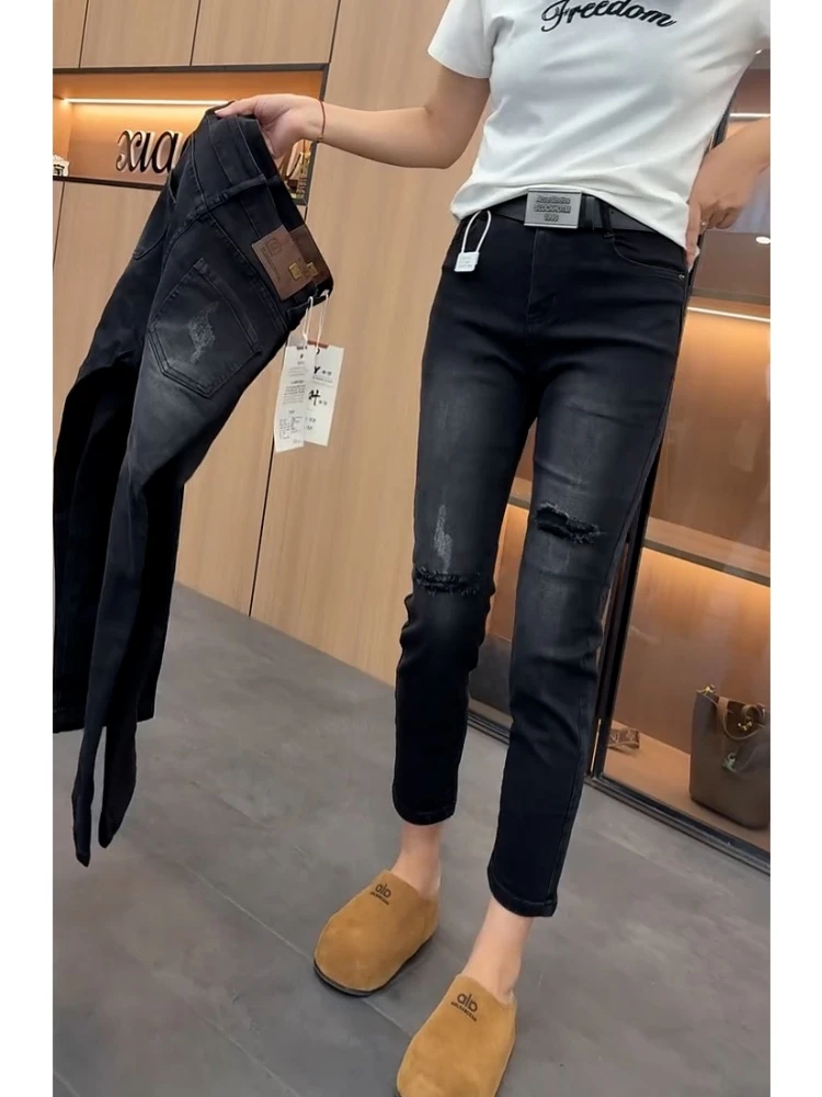 秋季新款高腰显瘦九分烟管裤子女胖mm大码修身弹力破洞直筒牛仔裤