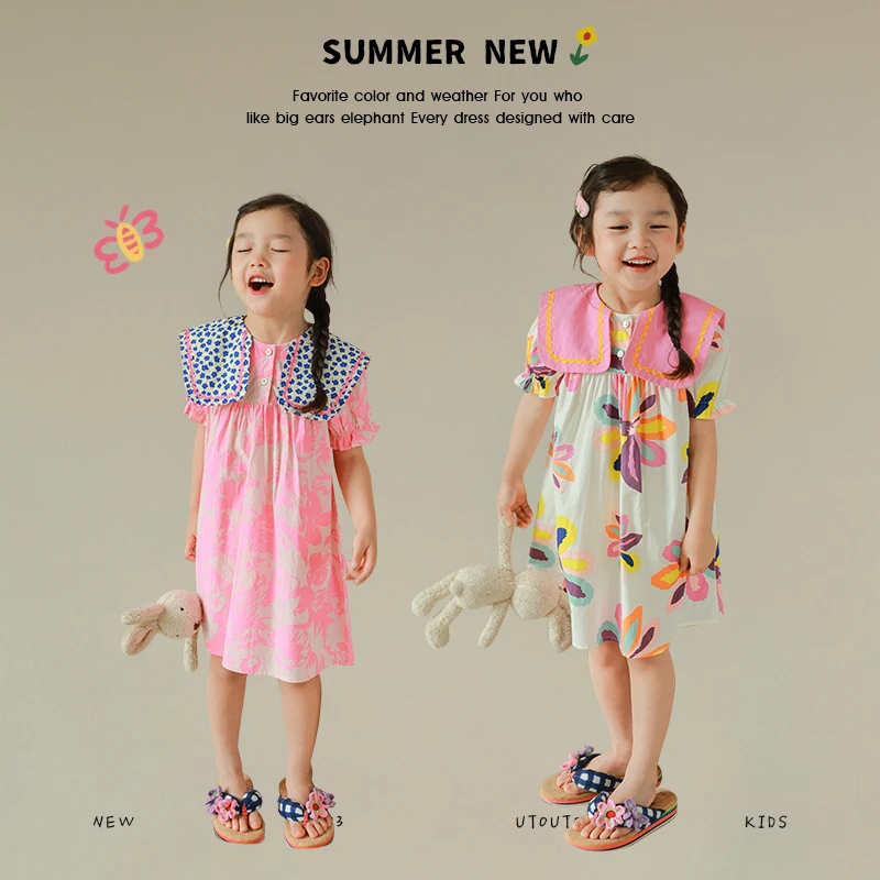大耳象童装铺女童撞色碎花大翻领花朵连衣裙2023夏季裙子2304027