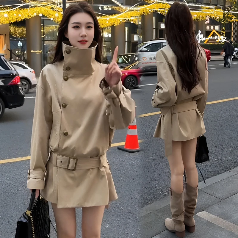 时尚潮流小个子卡其立领风衣春秋季2025收腰英伦风小个子收腰风衣