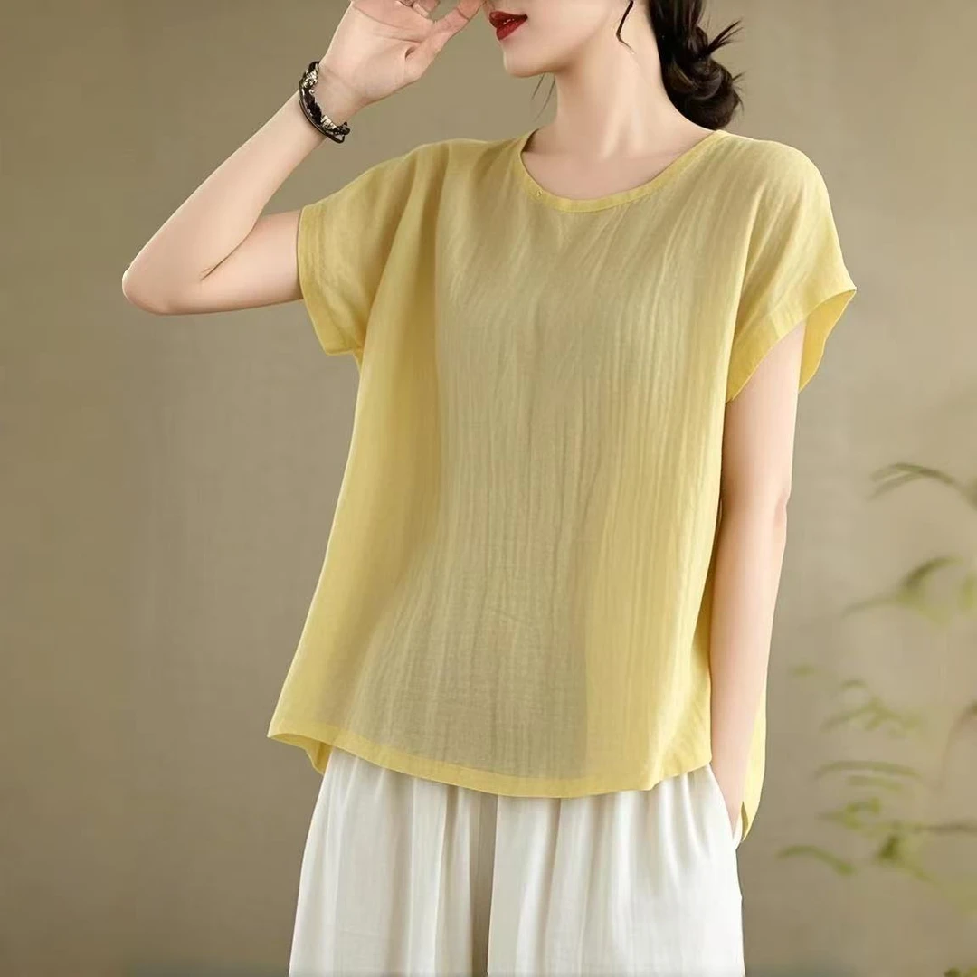 【现货+运费险】棉麻复古纯色短袖T恤棉麻新款显瘦宽松休闲上衣V719