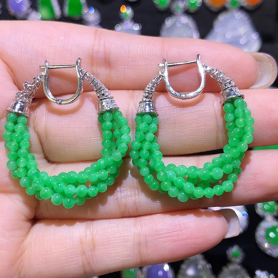 翡翠18K金镶嵌耳饰高冰满绿