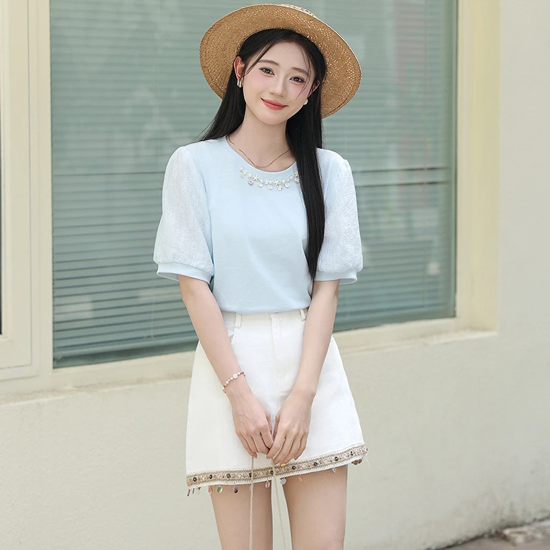 【小铃铛】TU26186韩系小清新蓝色T恤女小个子百搭正肩短袖上衣