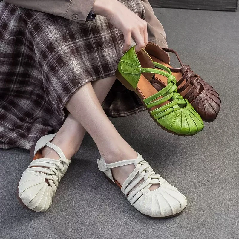 森系复古风编织单鞋女2025夏季新款镂空软皮软底罗马平底凉鞋女