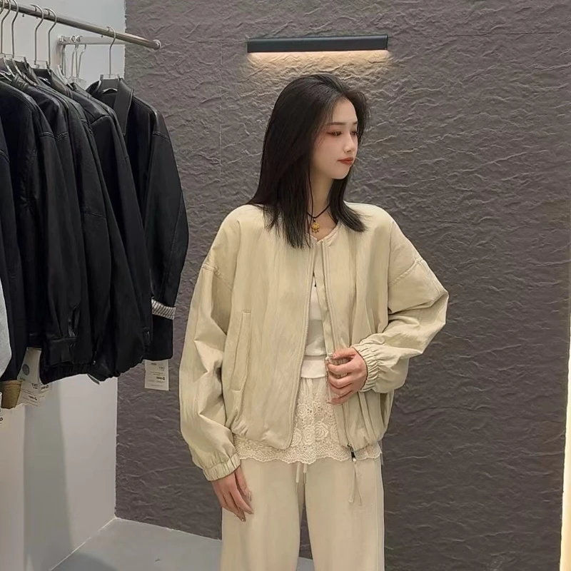 2025春季韩系宽松显瘦短款百搭休闲小个子PU皮衣外套女圆领拉链潮