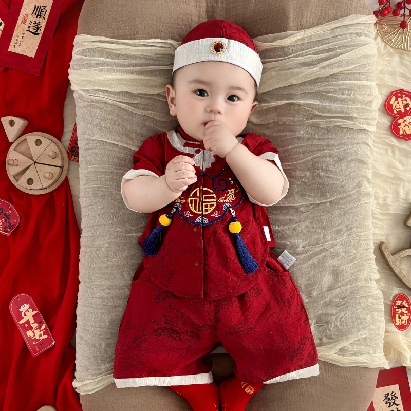 潮款洋气2025年夏季男童汉服夏装婴儿中式唐装女宝宝周岁礼服国风