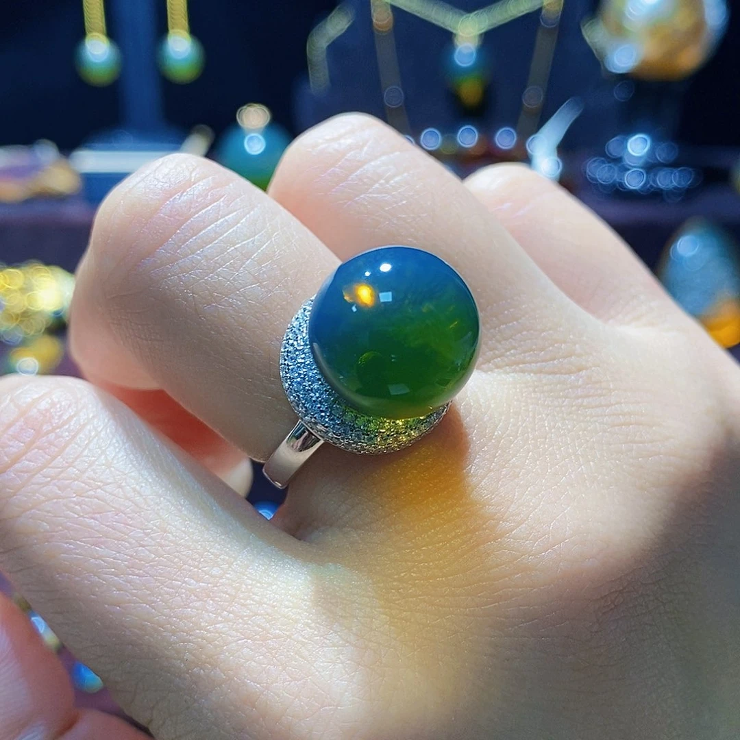 蓝珀戒指银S925镶嵌戒指14m➕