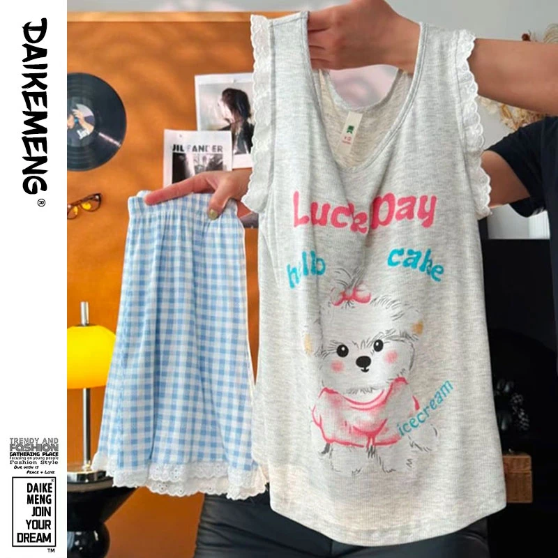 日系小狗萌萌~新款夏莫代尔凉感透气背心短裤睡衣女款套装可外穿