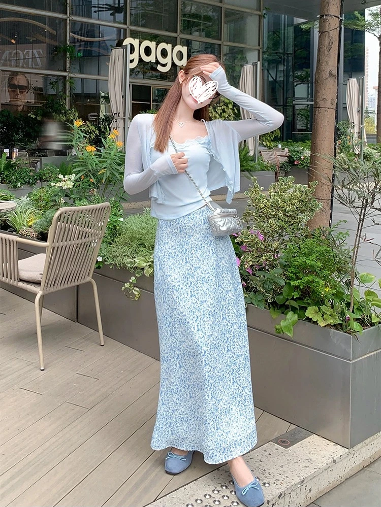 温柔风蕾丝花边蓝色薄款防晒针织开衫女夏季外搭休闲上衣