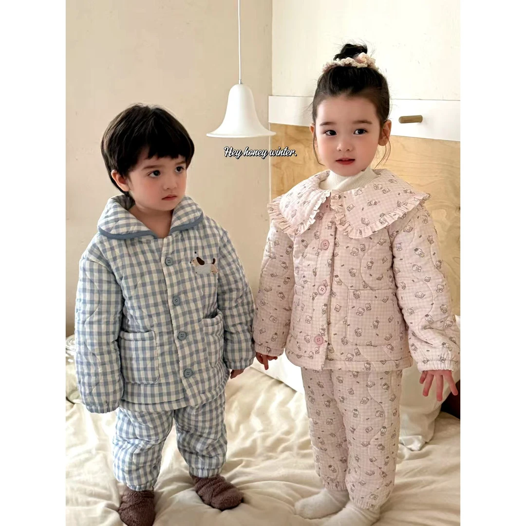 大小卷儿童三层夹棉家居服2025冬新男童女童翻领超厚加绒保暖套装