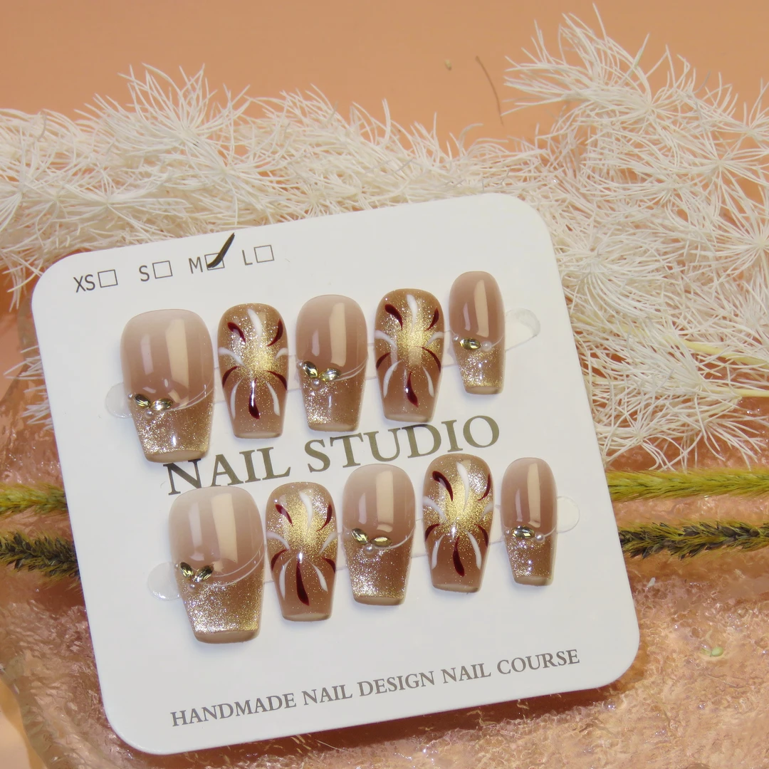 2025年新款金灿礼花（梯形）纯手工穿戴美甲气质裸色冰透爆闪穿戴甲