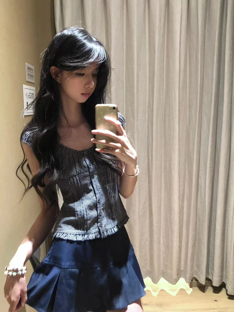 2025夏季新品一整套学院风小个子俏皮活泼格子衬衫百褶裙两件套装