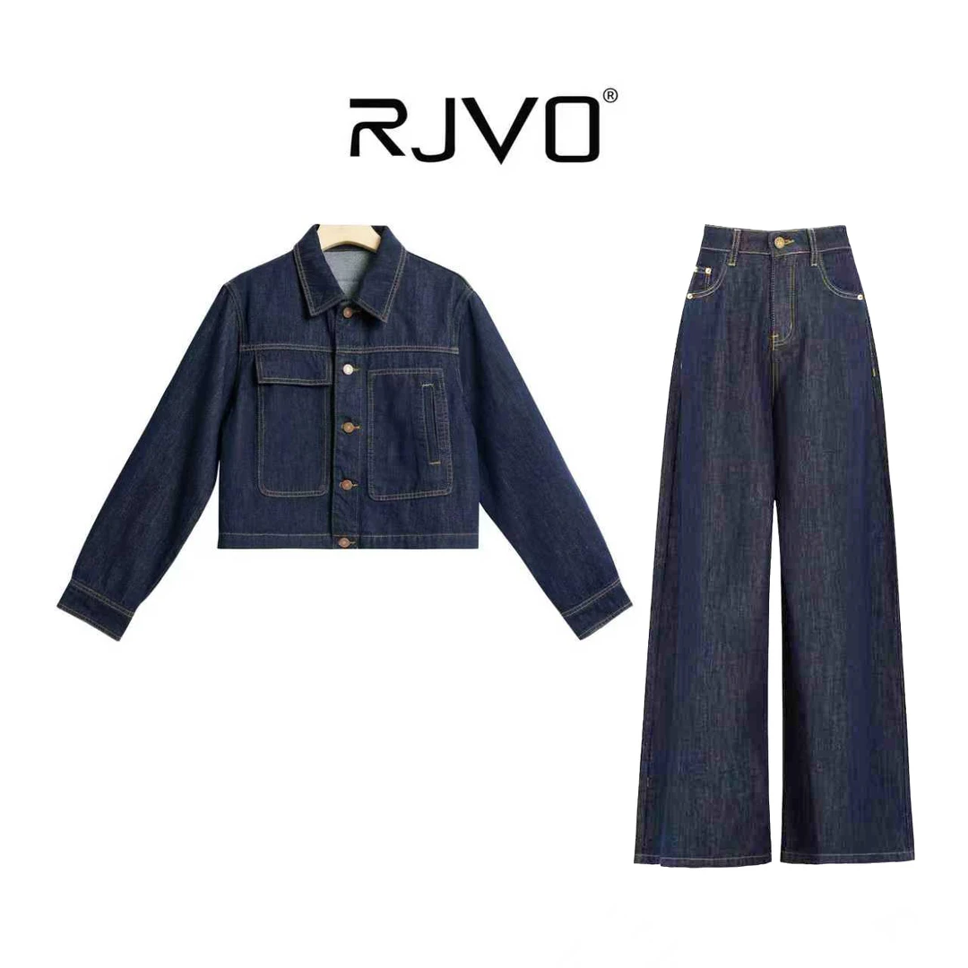 RJVO新款丹宁蓝牛仔短外休闲宽松百搭高腰显瘦阔腿牛仔套装