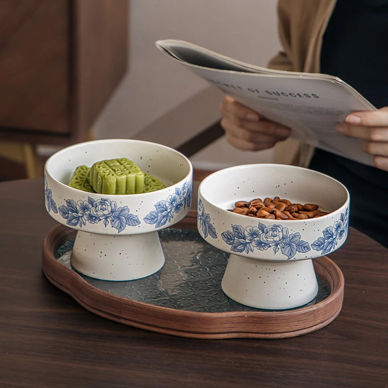 小悠家〖中古风青花高脚盘〗好看的甜品碗陶瓷水果盘餐厅点心托盘
