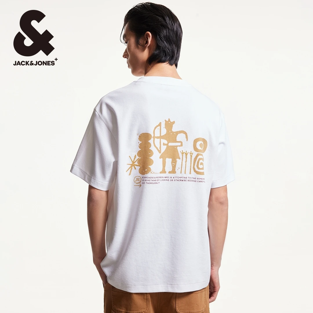 杰克琼斯秋季时尚百搭潮宽松胸前字母刺绣华夫格面料短袖T恤男装