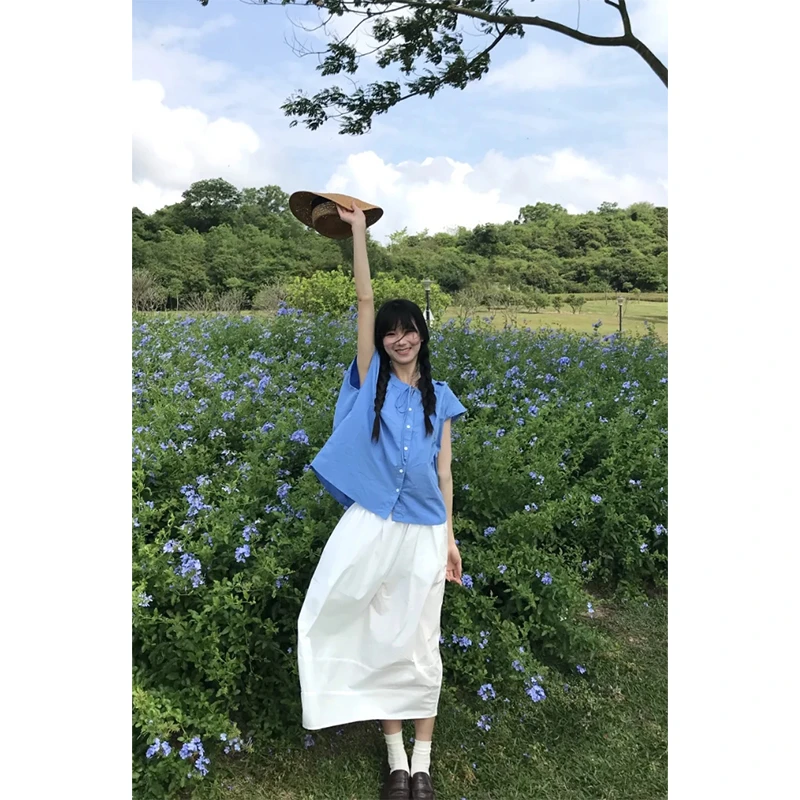 绝美小清新文艺风纯色时尚气质设计感衬衫上衣百搭显瘦宽松半身裙