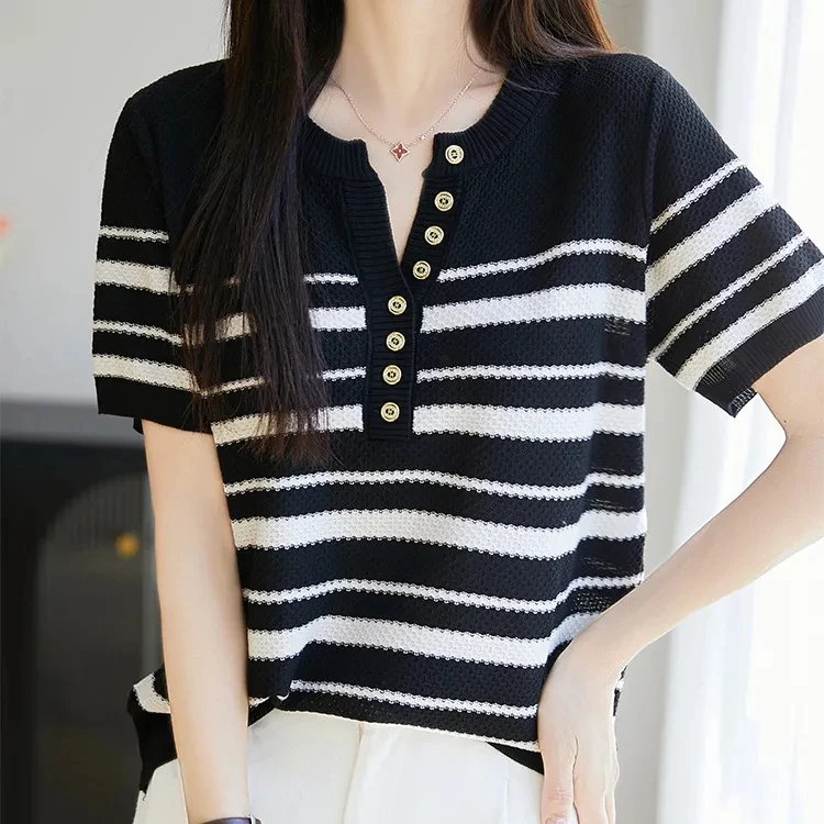 2025夏季新款冰丝针织短袖t恤女条纹套头打底衫时尚显瘦弹力上衣