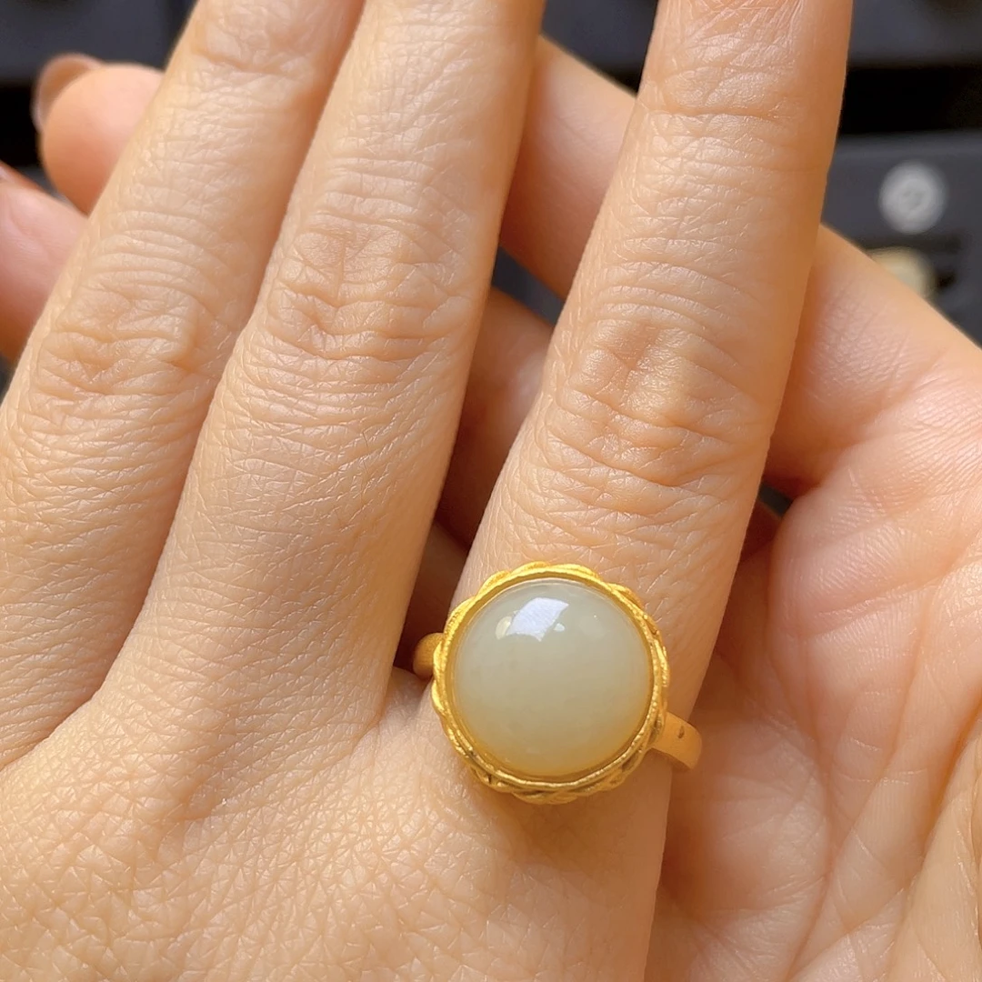 和田玉银S925镀金镶嵌戒指