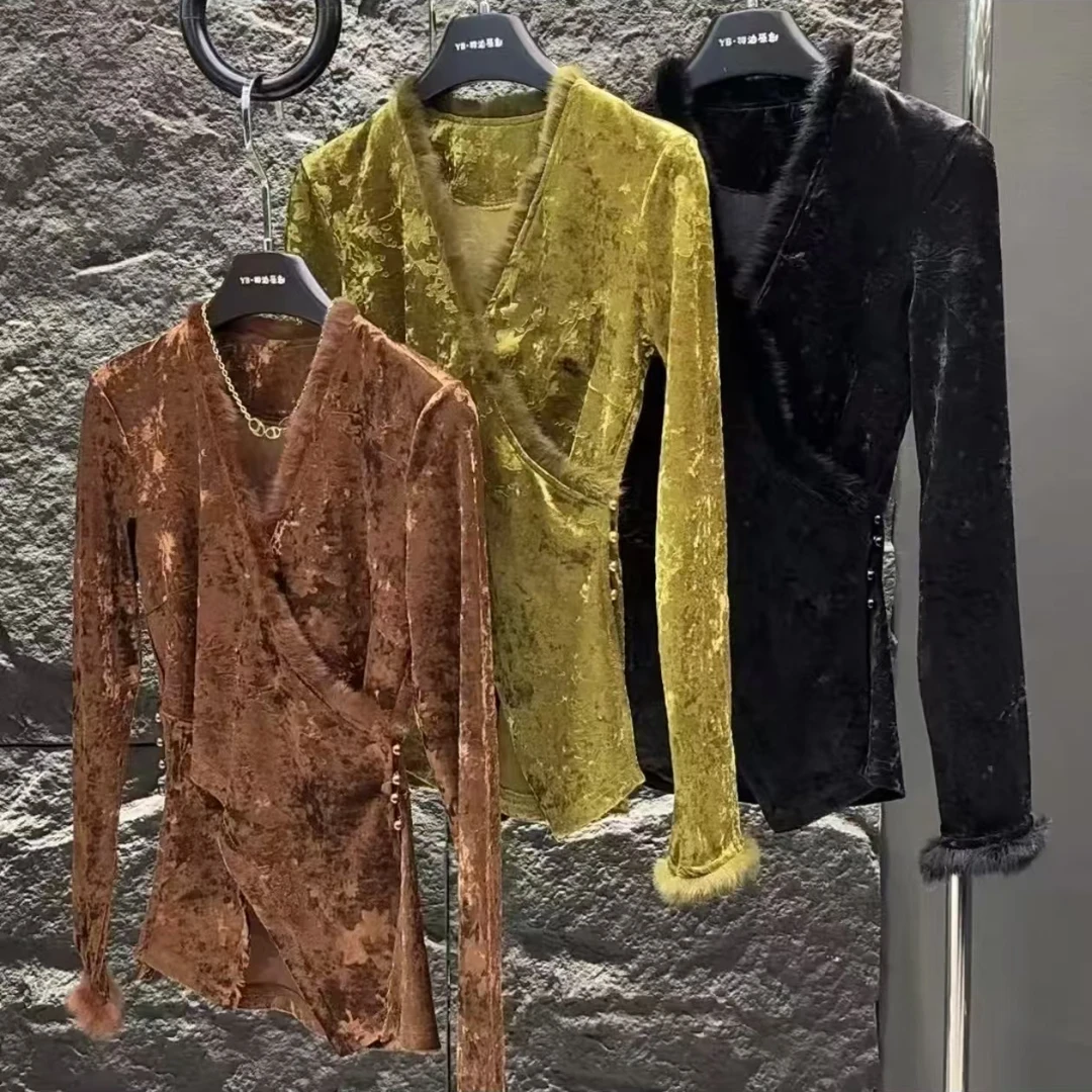 新中式一体绒上衣女立体浮雕加绒加厚气质中式上衣