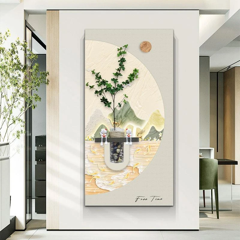 九鱼聚财玄关装饰画高级感立体雕刻砂岩带灯挂画客厅入户走廊挂画
