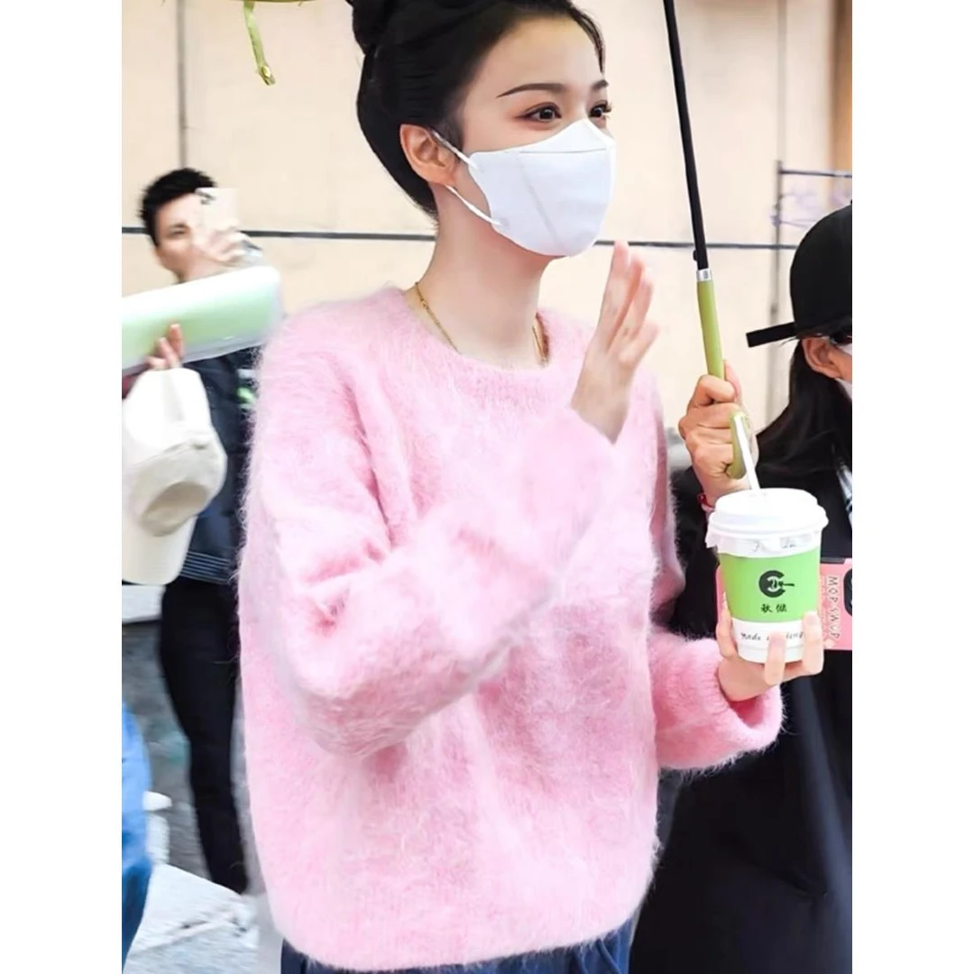 法芬图王楚然同款穿搭毛绒套头毛衣女秋软糯宽松甜美外搭针织上衣