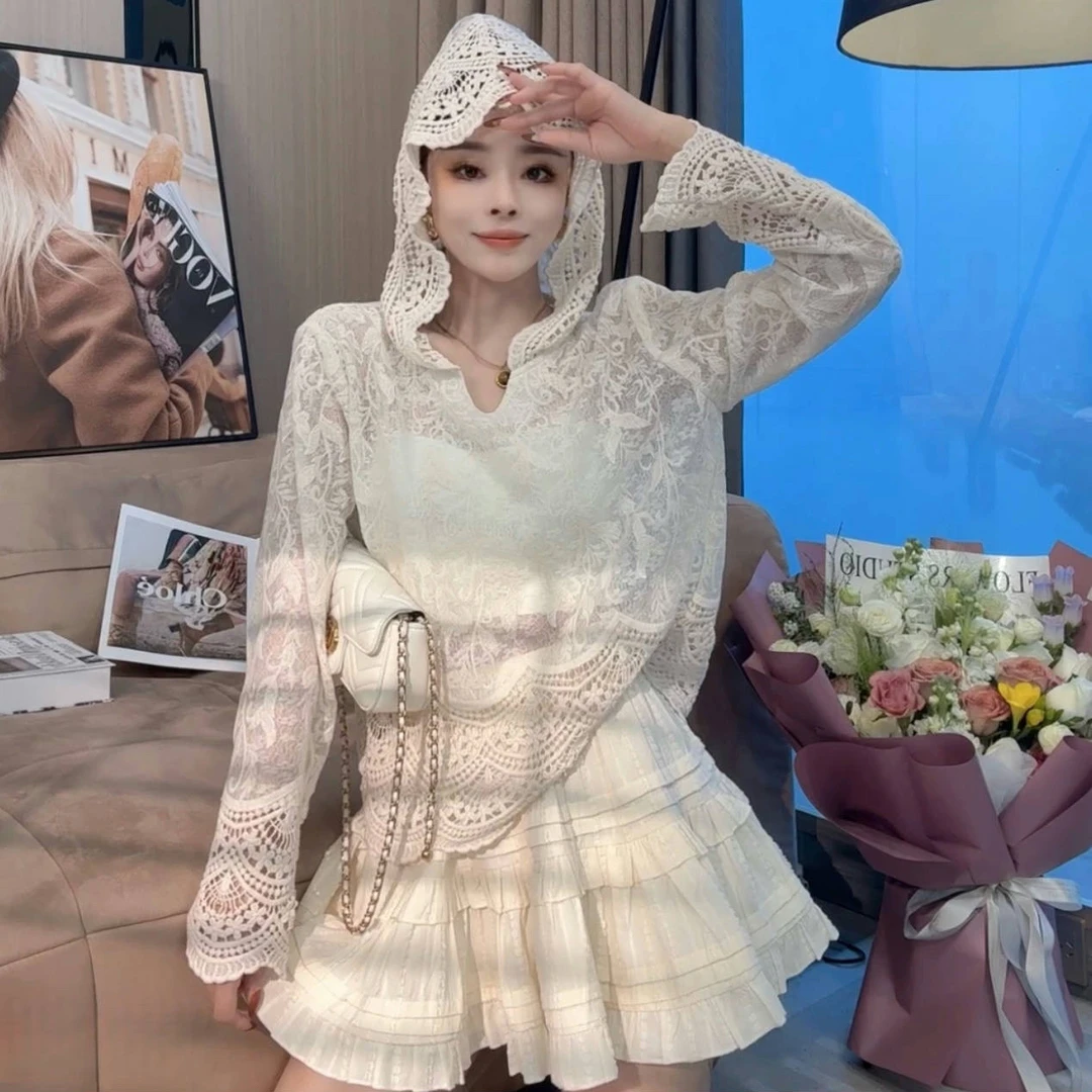 6507早春穿搭一整套女装2025连帽蕾丝上衣+半身裙两件套减龄休闲