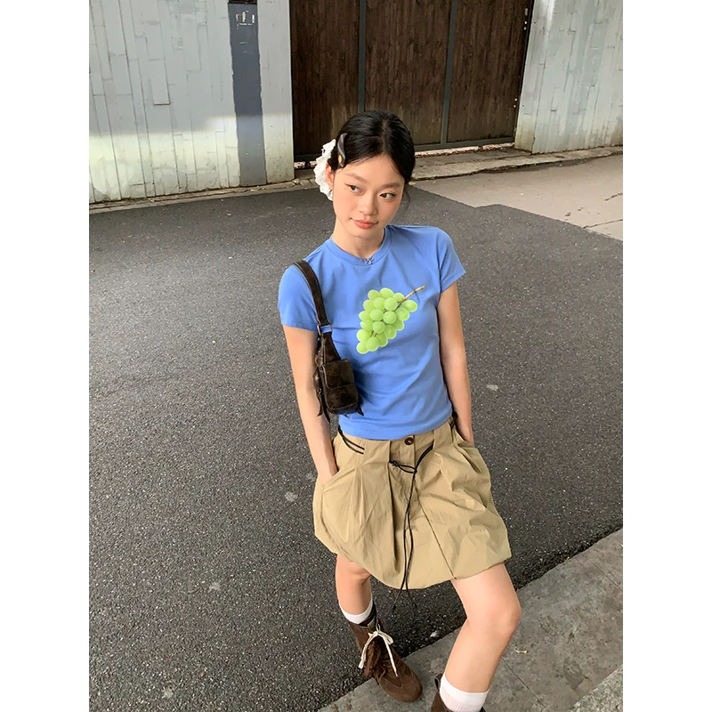 宋正恩卡其色洗水棉花苞半身裙女复古高腰显瘦A字短裙AAS25029