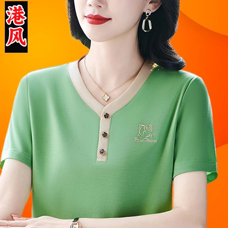 天丝短袖正肩t恤女2025新款夏装中年妈妈大码上衣V领运动体恤衫OL