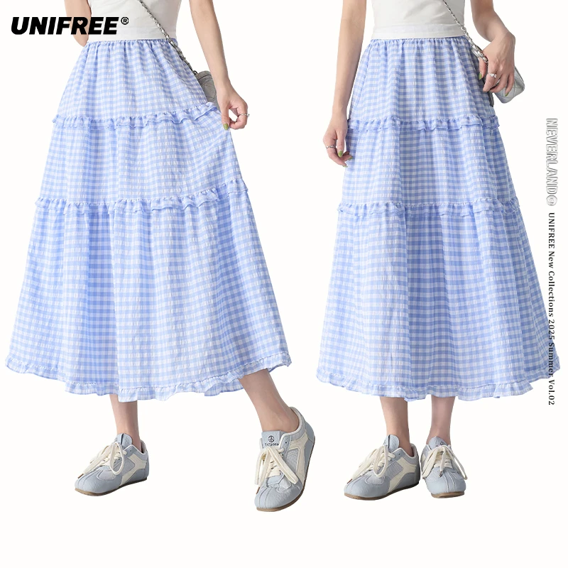 UNIFREE蓝色格子半身裙显瘦木耳边长裙子U252Q266B1B1