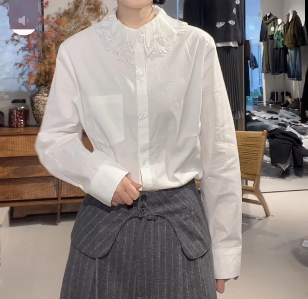 【樱子家】3080X蕾丝边翻领单排扣衬衫上衣2