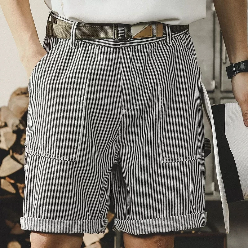 J26夏装休闲短裤男潮牌ins条纹宽松休闲中裤百搭韩版五分裤潮