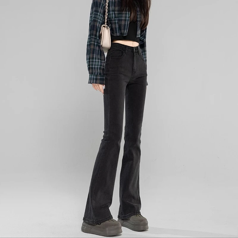 拉夏贝尔微喇裤子牛仔裤女2025秋季新款小个子喇叭裤灰色紧身加长