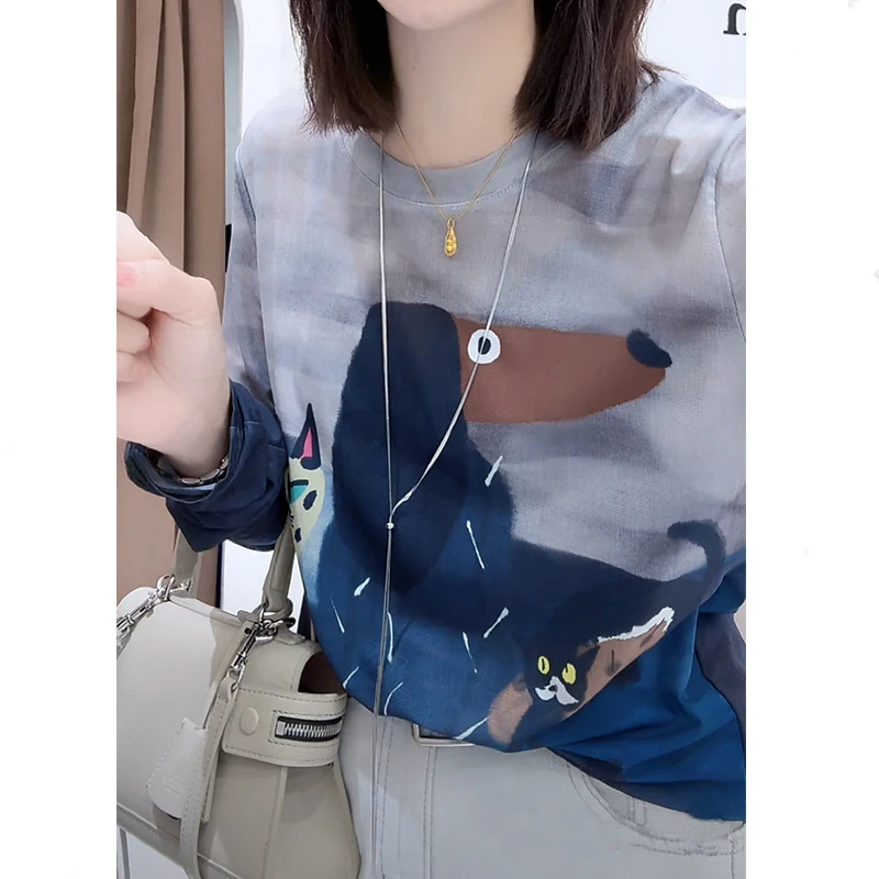 2025春夏新款设计感涂鸦艺术网纱长袖T恤女时尚休闲百搭显瘦上衣