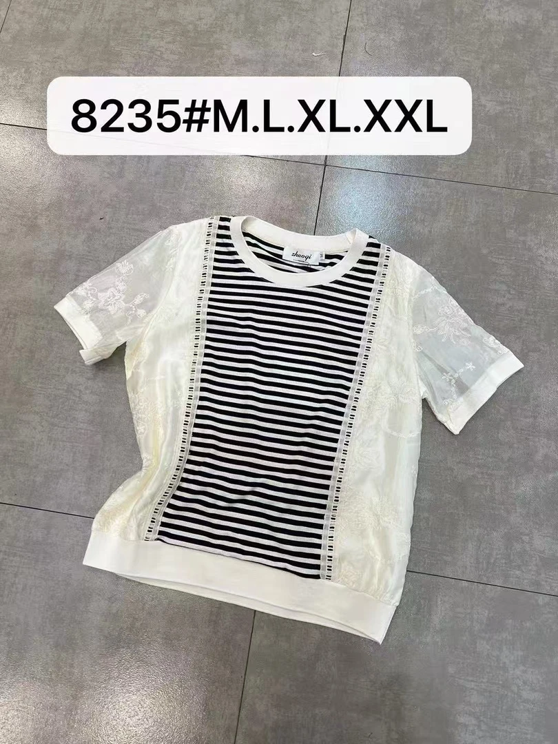 8235短袖条纹竖条纹圆领气质打底洋气蕾丝