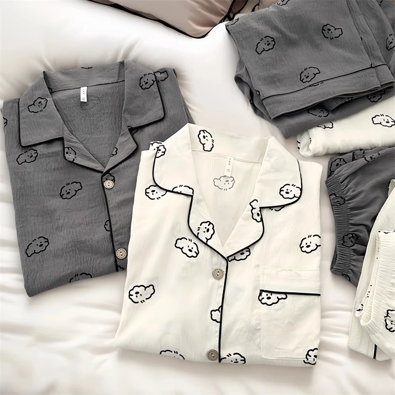 网红风情侣夏季睡衣男女短袖短裤三件套装宽松大码学生卡通家居服