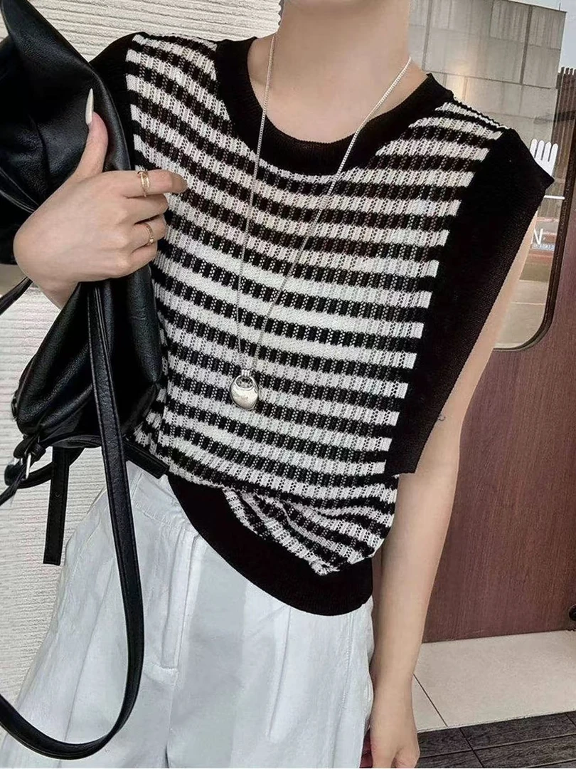 602  夏季女款2025新款爆款针织无袖条纹上衣A82