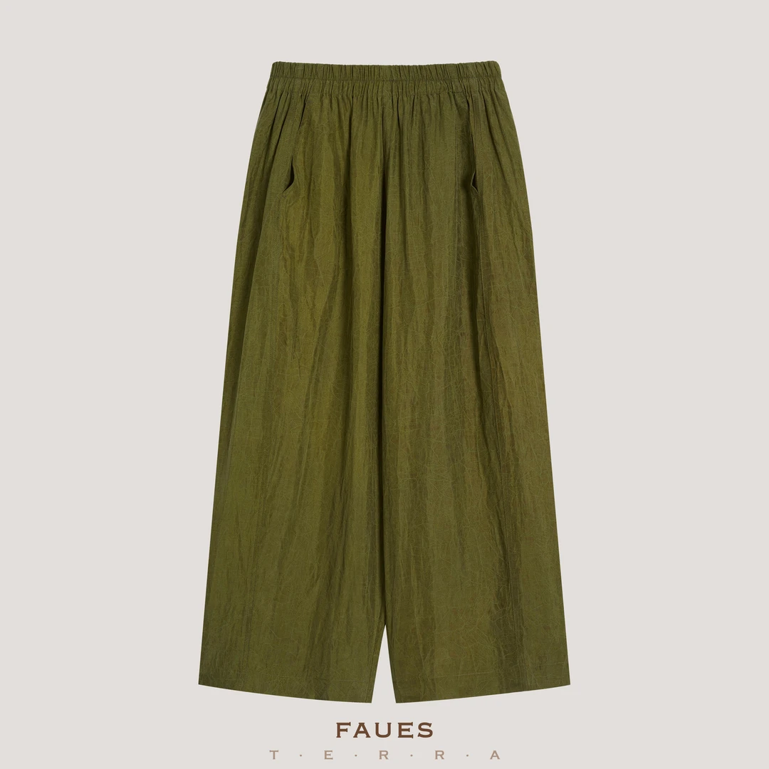 FAUES 斑斑墨痕 桑蚕丝香云纱双面异色裂纹机理松紧腰女阔腿长裤