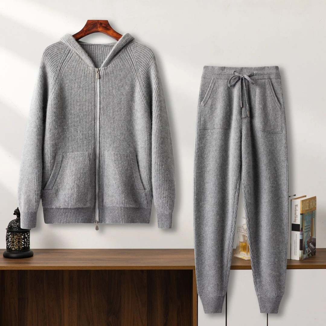 LP大牌同款】男士纯山羊绒针织连帽开衫套装【专柜精品帽衫束脚裤