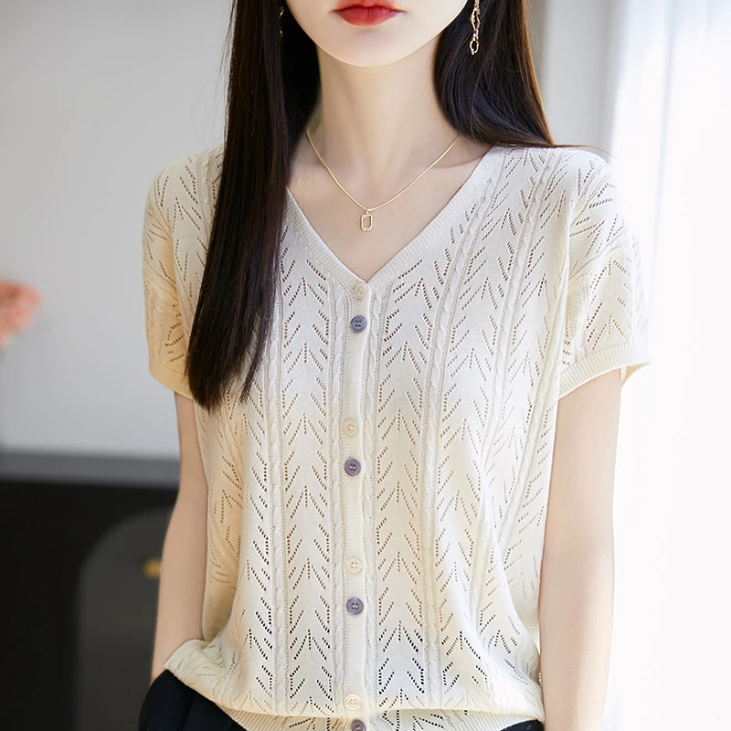 鄂尔多斯市女装镂空冰丝女上衣夏季短袖常规短款百搭气质T恤开衫