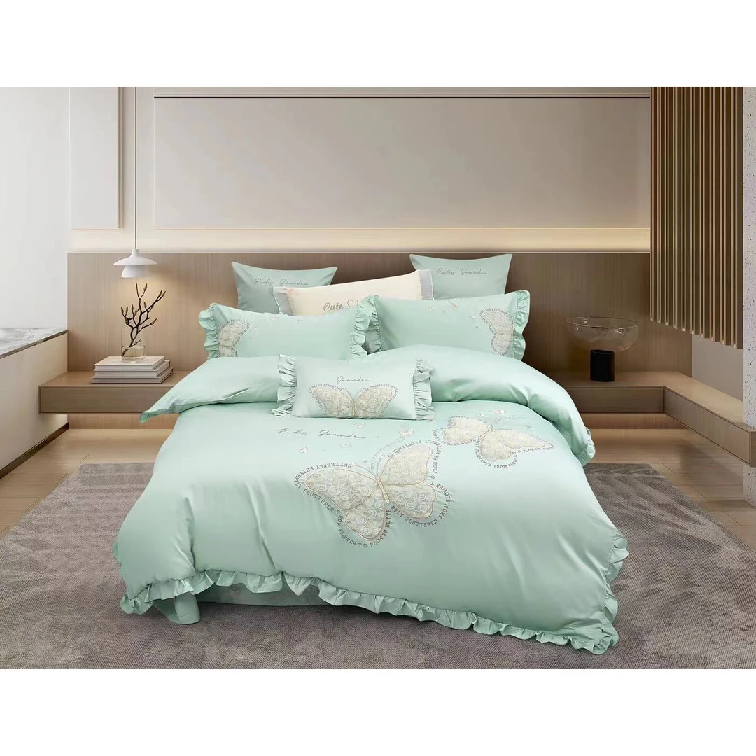 【宝艾轻奢】超柔200支加密长绒棉纯棉工艺刺绣四件套-梦蝶之语绿