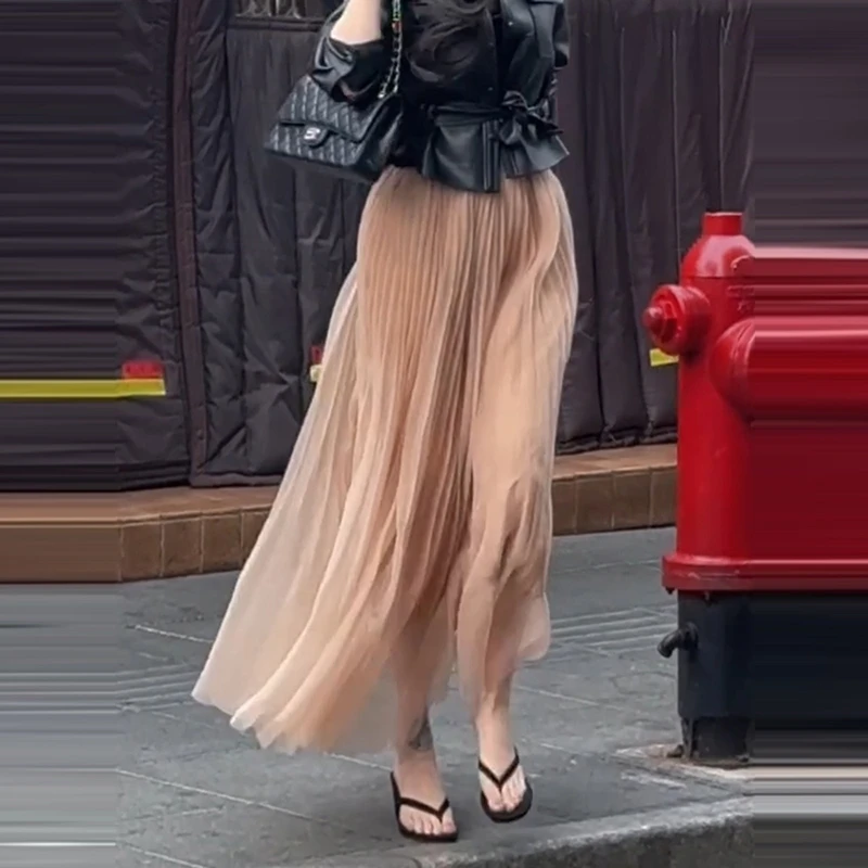 夏季新款时尚高腰显瘦压褶设计大摆裙女洋气透气休闲长款半身裙潮