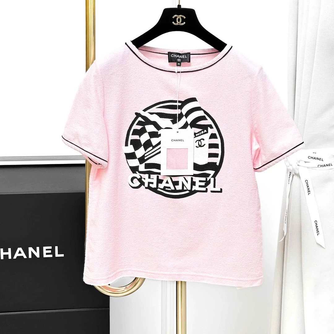 99新 Chanel/香奈儿 36码 粉色拼黑白色 帆船图案 短袖 上衣
