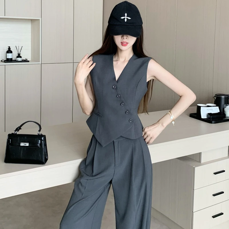 设计感短款马甲上衣休闲套装女夏季薄款高腰西装直筒阔腿裤两件套