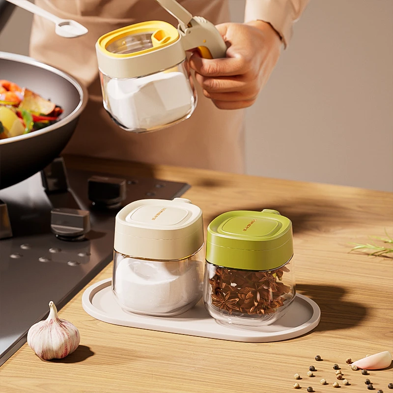 创意一键开合厨房调味罐手柄翻盖调味盒透明玻璃带勺调味瓶调料瓶