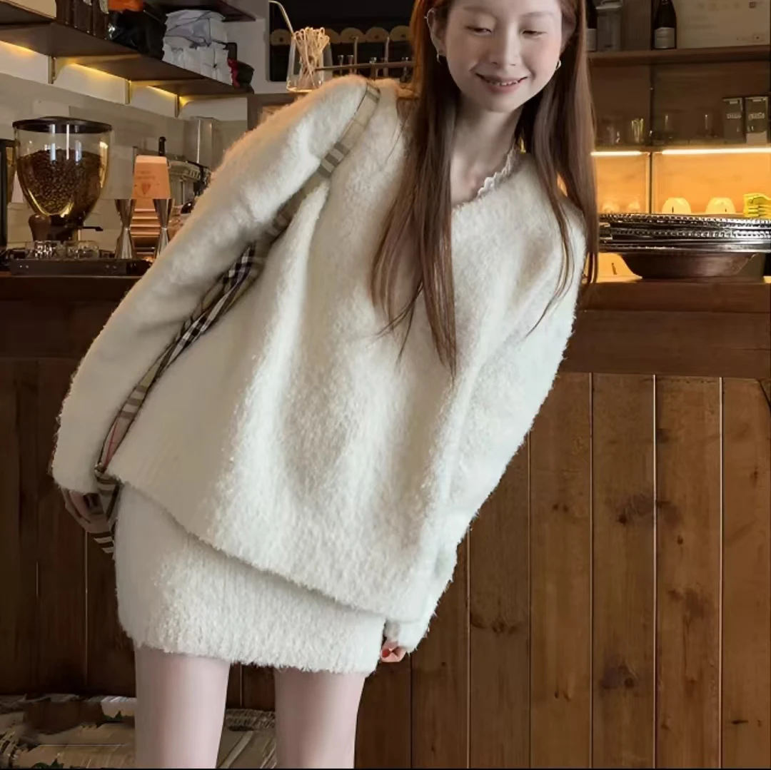 【糯叽叽】软糯针织套装秋冬慵懒风宽松毛衣高腰A字裙两件套套装