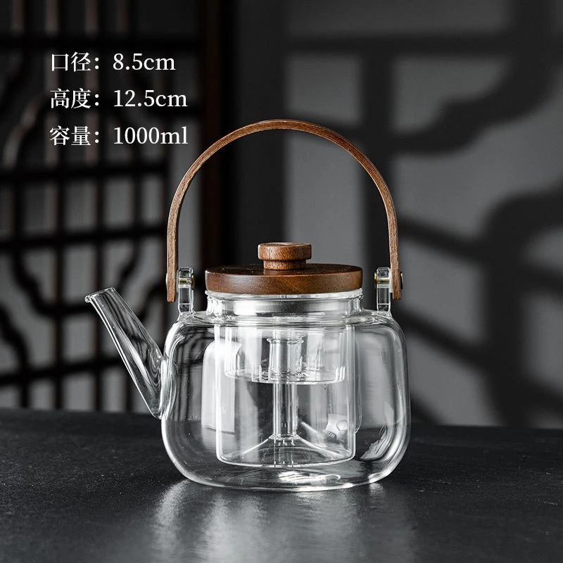 加厚高档电陶炉胡桃木蒸煮煮茶耐高温玻璃提梁家用茶具套装（蒸煮）