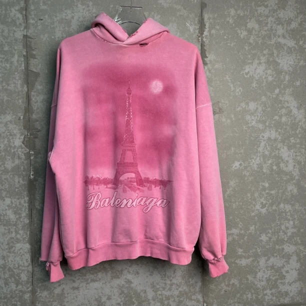 未使用 Balenciaga/巴黎世家 L*1/粉色水洗铁塔帽衫/16968