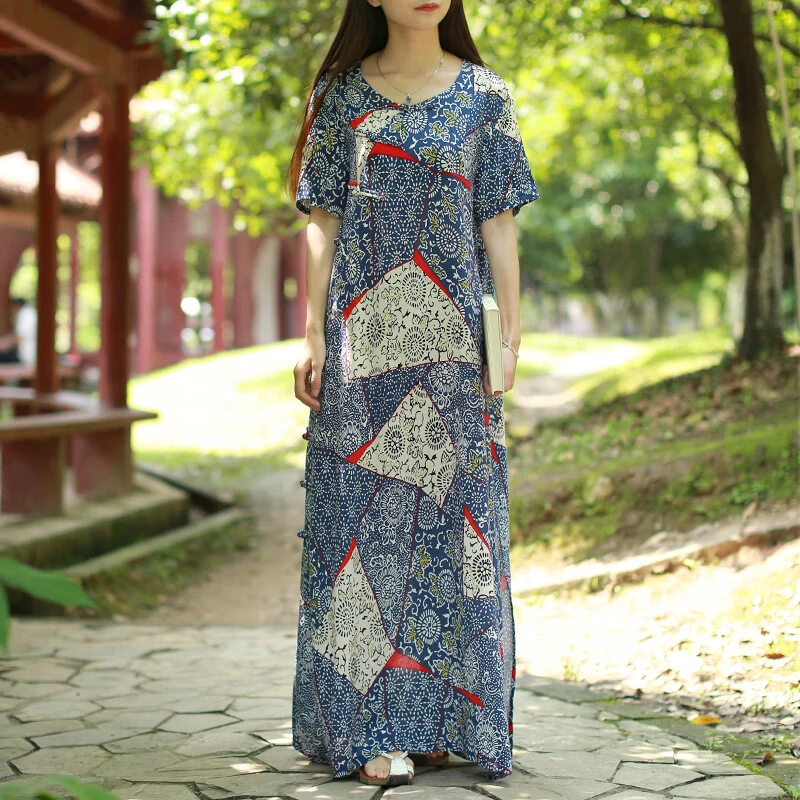 乱在江南新中式盘扣复古做旧印花棉麻连衣裙短袖夏季新品民族风长