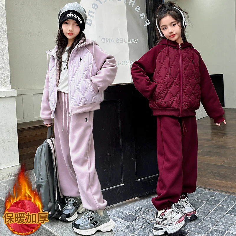 [专柜品质]女童套装夹棉加厚2025年新款秋冬连帽外套年服两件套